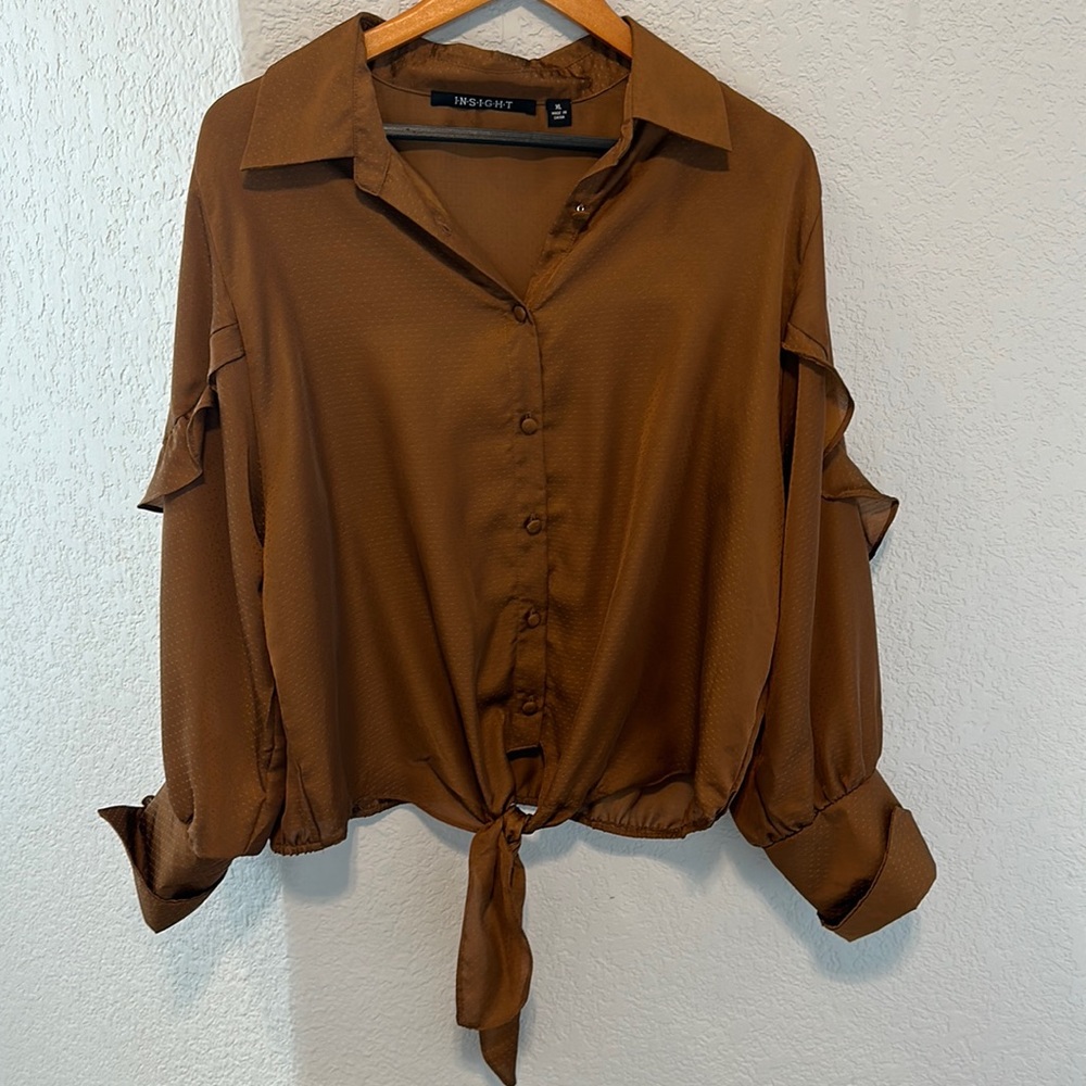 Insight Bronze Dotted Button Up Blouse with Knot and Ruffle Detailing Wo…